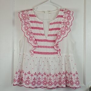 GAP White and Pink Embroidered Eyelet Cottagecore Blouse Size M